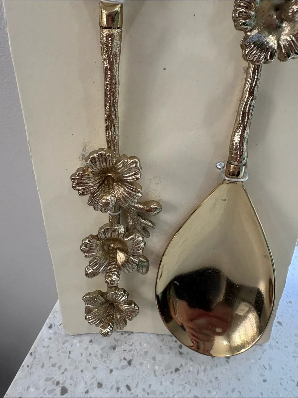 NEW AND UNIQUE Handcrafted India Gold Floral Salad Servers - Set of 2